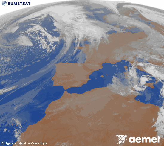 Imatge de la zona d'Europa i Nord d'�frica del canal infraroig del sat�l�lit Meteosat operacional en 0�N 0�W, processada per a donar-li color.&nbsp;dimecres, 15 d?abril  2026 08:00
