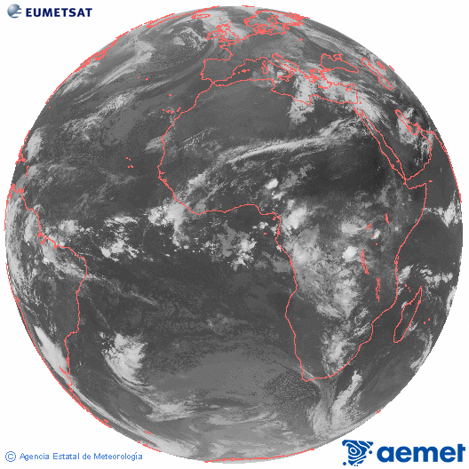 Imagen global del canal infrarrojo (10.8 &mu;m) del sat�lite Meteosat, perteneciente a la serie MSG (Meteosat Segunda Generaci�n) y situado en 0�N 0�E.&nbsp;Wednesday, 15 April  2026 08:00