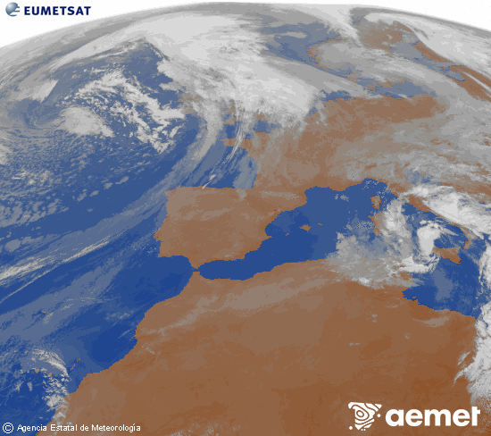 Imatge de la zona d'Europa i Nord d'�frica del canal infraroig del sat�l�lit Meteosat operacional en 0�N 0�W, processada per a donar-li color.&nbsp;dimecres, 15 d?abril  2026 09:00