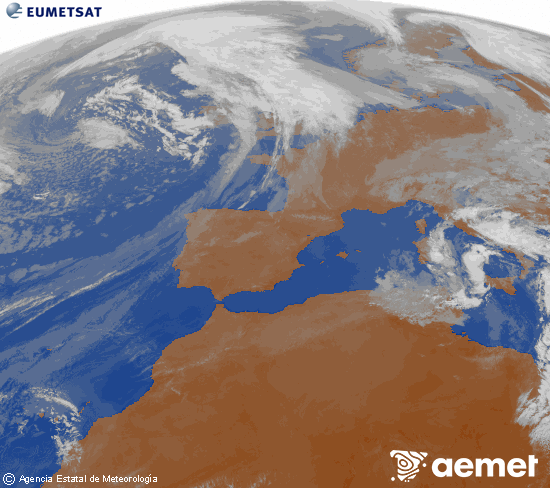Imatge de la zona d'Europa i Nord d'�frica del canal infraroig del sat�l�lit Meteosat operacional en 0�N 0�W, processada per a donar-li color.&nbsp;dimecres, 15 d?abril  2026 10:00