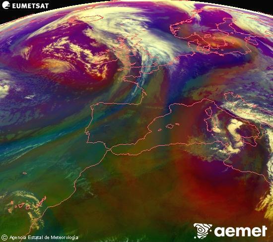Composici� RGB en la qual es barregen diversos canals del sat�l�lit Meteosat operacional en 0�N 0�W, que ens d�na una idea de les caracter�stiques de les masses d'aire i de la nuvolositat.&nbsp;dimecres, 15 d?abril  2026 11:00