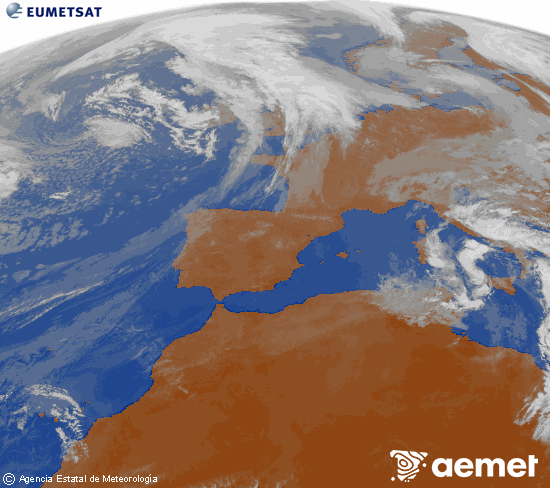 Imatge de la zona d'Europa i Nord d'�frica del canal infraroig del sat�l�lit Meteosat operacional en 0�N 0�W, processada per a donar-li color.&nbsp;dimecres, 15 d?abril  2026 11:00