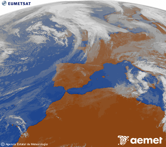 Imatge de la zona d'Europa i Nord d'�frica del canal infraroig del sat�l�lit Meteosat operacional en 0�N 0�W, processada per a donar-li color.&nbsp;dimecres, 15 d?abril  2026 12:00