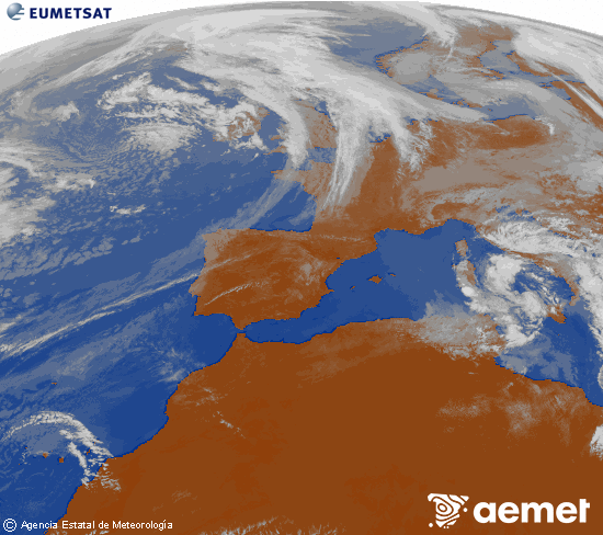 Imagen de la zona de Europa y Norte de �frica del canal infrarrojo del sat�lite Meteosat operacional en 0�N 0�W, procesada para darle color.&nbsp;asteazkena, 2026ko apirilak 15, ordua: 14:00