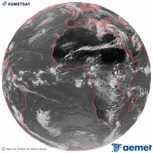 Imagen global del canal infrarrojo (10.8 &mu;m) del sat�lite Meteosat, perteneciente a la serie MSG (Meteosat Segunda Generaci�n) y situado en 0�N 0�E.&nbsp;Wednesday, 15 April  2026 14:00