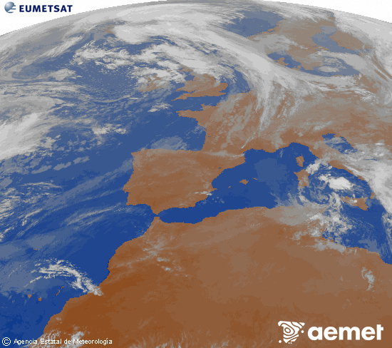 Imagen de la zona de Europa y Norte de �frica del canal infrarrojo del sat�lite Meteosat operacional en 0�N 0�W, procesada para darle color.&nbsp;asteazkena, 2026ko apirilak 15, ordua: 21:00