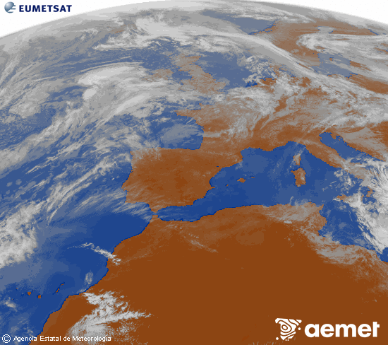 Imatge de la zona d'Europa i Nord d'�frica del canal infraroig del sat�l�lit Meteosat operacional en 0�N 0�W, processada per a donar-li color.&nbsp;dijous, 16 d?abril  2026 12:00
