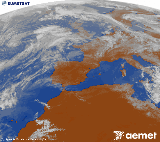 Imatge de la zona d'Europa i Nord d'�frica del canal infraroig del sat�l�lit Meteosat operacional en 0�N 0�W, processada per a donar-li color.&nbsp;dijous, 16 d?abril  2026 13:00
