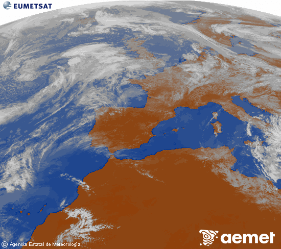 Imatge de la zona d'Europa i Nord d'�frica del canal infraroig del sat�l�lit Meteosat operacional en 0�N 0�W, processada per a donar-li color.&nbsp;dijous, 16 d?abril  2026 14:00