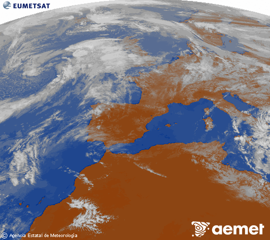 Imatge de la zona d'Europa i Nord d'�frica del canal infraroig del sat�l�lit Meteosat operacional en 0�N 0�W, processada per a donar-li color.&nbsp;dijous, 16 d?abril  2026 16:00
