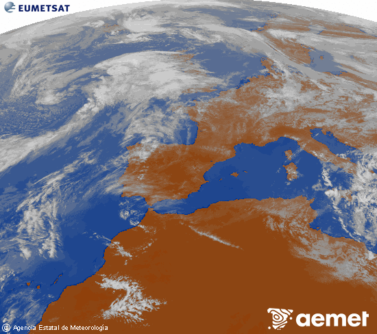 Imatge de la zona d'Europa i Nord d'�frica del canal infraroig del sat�l�lit Meteosat operacional en 0�N 0�W, processada per a donar-li color.&nbsp;dijous, 16 d?abril  2026 17:00