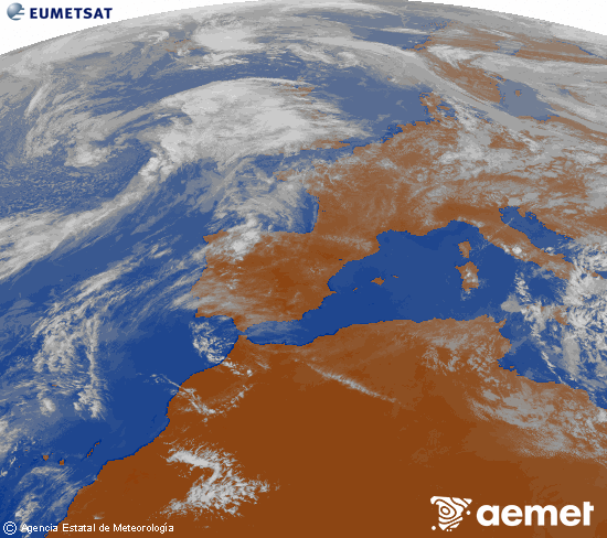 Imatge de la zona d'Europa i Nord d'�frica del canal infraroig del sat�l�lit Meteosat operacional en 0�N 0�W, processada per a donar-li color.&nbsp;dijous, 16 d?abril  2026 18:00