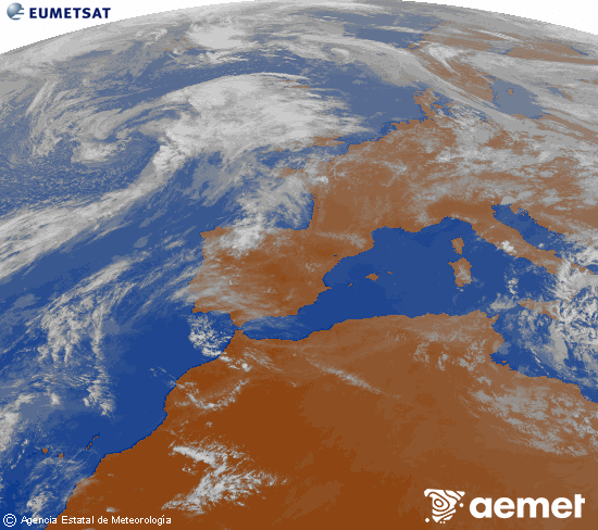 Imatge de la zona d'Europa i Nord d'�frica del canal infraroig del sat�l�lit Meteosat operacional en 0�N 0�W, processada per a donar-li color.&nbsp;dijous, 16 d?abril  2026 19:00