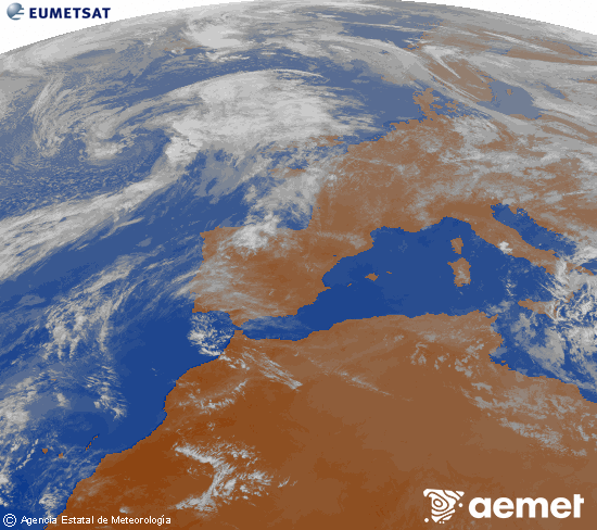 Imatge de la zona d'Europa i Nord d'�frica del canal infraroig del sat�l�lit Meteosat operacional en 0�N 0�W, processada per a donar-li color.&nbsp;dijous, 16 d?abril  2026 20:00