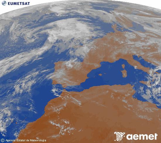 Imatge de la zona d'Europa i Nord d'�frica del canal infraroig del sat�l�lit Meteosat operacional en 0�N 0�W, processada per a donar-li color.&nbsp;dijous, 16 d?abril  2026 21:00