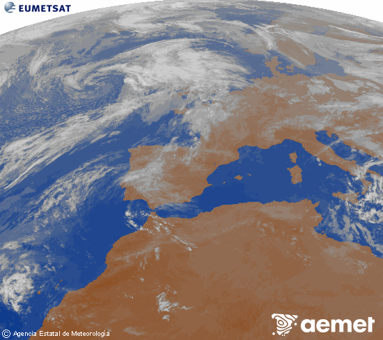 Imatge de la zona d'Europa i Nord d'�frica del canal infraroig del sat�l�lit Meteosat operacional en 0�N 0�W, processada per a donar-li color.&nbsp;dijous, 16 d?abril  2026 23:00