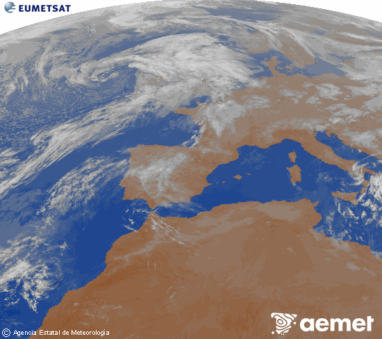 Imatge de la zona d'Europa i Nord d'�frica del canal infraroig del sat�l�lit Meteosat operacional en 0�N 0�W, processada per a donar-li color.&nbsp;divendres, 17 d?abril  2026 02:00