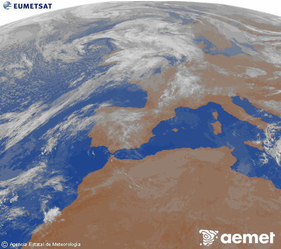 Imatge de la zona d'Europa i Nord d'�frica del canal infraroig del sat�l�lit Meteosat operacional en 0�N 0�W, processada per a donar-li color.&nbsp;divendres, 17 d?abril  2026 07:00