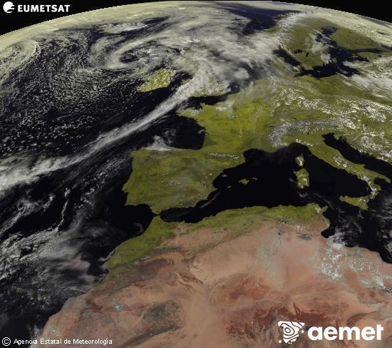 Esta imagen se genera utilizando informaci�n de los canales visibles del sat�lite METEOSAT perteneciente a la segunda generaci�n de sat�lites Meteosat (MSG). Por ese motivo, s�lo hay informaci�n en la zona iluminada por el sol. Adem�s, los canales han sido normalizados para que el brillo no dependa de la posici�n del sol.&nbsp;divendres, 17 d?abril  2026 14:00
