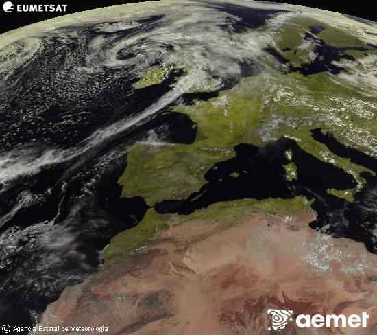 Esta imagen se genera utilizando informaci�n de los canales visibles del sat�lite METEOSAT perteneciente a la segunda generaci�n de sat�lites Meteosat (MSG). Por ese motivo, s�lo hay informaci�n en la zona iluminada por el sol. Adem�s, los canales han sido normalizados para que el brillo no dependa de la posici�n del sol.&nbsp;divendres, 17 d?abril  2026 15:00