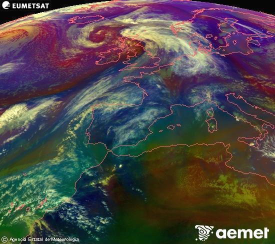 RGB-a Meteosat eragiketa-sateliteko hainbat kanal 0�W-a 0�N-ean, aire-masen eta hodeitzaren ezaugarrien erakusgarri izango dena.&nbsp;ostirala, 2026ko apirilak 17, ordua: 18:00