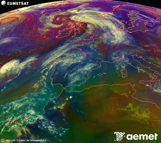 RGB-a Meteosat eragiketa-sateliteko hainbat kanal 0�W-a 0�N-ean, aire-masen eta hodeitzaren ezaugarrien erakusgarri izango dena.&nbsp;ostirala, 2026ko apirilak 17, ordua: 19:00
