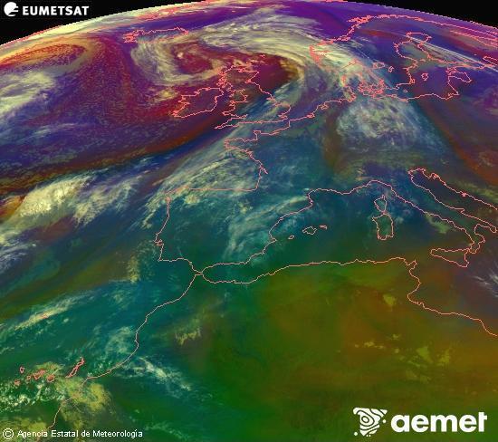 RGB-a Meteosat eragiketa-sateliteko hainbat kanal 0�W-a 0�N-ean, aire-masen eta hodeitzaren ezaugarrien erakusgarri izango dena.&nbsp;ostirala, 2026ko apirilak 17, ordua: 23:00