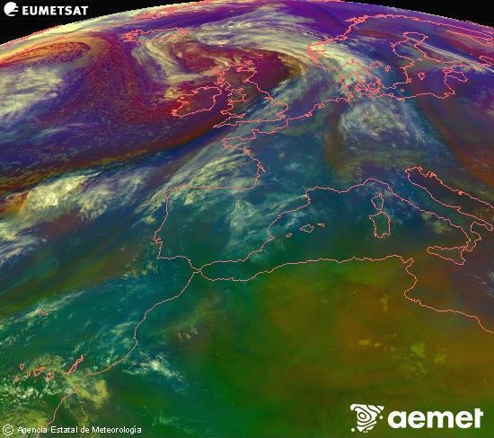 RGB-a Meteosat eragiketa-sateliteko hainbat kanal 0�W-a 0�N-ean, aire-masen eta hodeitzaren ezaugarrien erakusgarri izango dena.&nbsp;larunbata, 2026ko apirilak 18, ordua: 00:00