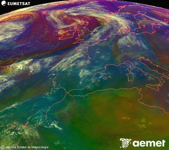 Composition RGB dans laquelle se m�langent diff�rents canaux du satellite Meteosat operational in 0�N 0�W, l'informaci�n des caract�ristiques sur les masses d'air et les nuages.&nbsp;samedi, 18 avril  2026 01:00
