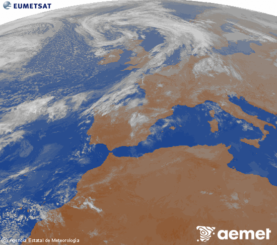 Imagen de la zona de Europa y Norte de �frica del canal infrarrojo del sat�lite Meteosat operacional en 0�N 0�W, procesada para darle color.&nbsp;samedi, 18 avril  2026 01:00