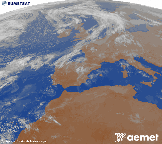 Imagen de la zona de Europa y Norte de �frica del canal infrarrojo del sat�lite Meteosat operacional en 0�N 0�W, procesada para darle color.&nbsp;samedi, 18 avril  2026 02:00