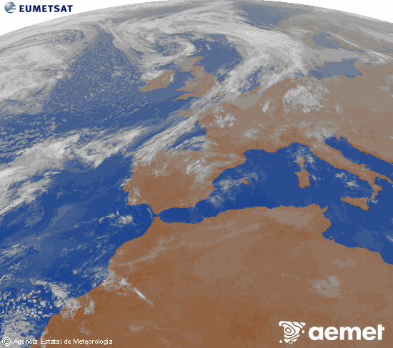 Imagen de la zona de Europa y Norte de �frica del canal infrarrojo del sat�lite Meteosat operacional en 0�N 0�W, procesada para darle color.&nbsp;samedi, 18 avril  2026 03:00