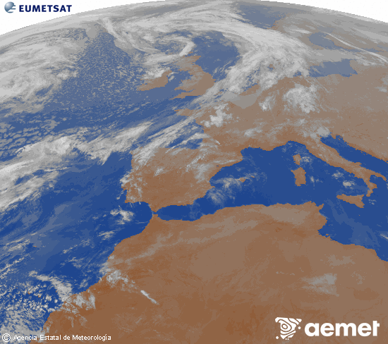 Imagen de la zona de Europa y Norte de �frica del canal infrarrojo del sat�lite Meteosat operacional en 0�N 0�W, procesada para darle color.&nbsp;dissabte, 18 d?abril  2026 04:00