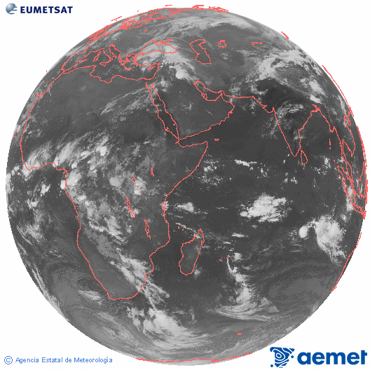 Oc�ano �ndico. Imagen global del canal infrarrojo (10.8&mu;m) de Meteosat, perteneciente a la serie MSG (Meteosat Segunda Generaci�n) y situado en 41.5° E.&nbsp;samedi, 18 avril  2026 05:00