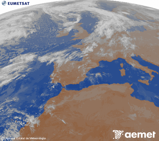 Imagen de la zona de Europa y Norte de �frica del canal infrarrojo del sat�lite Meteosat operacional en 0�N 0�W, procesada para darle color.&nbsp;dissabte, 18 d?abril  2026 06:00