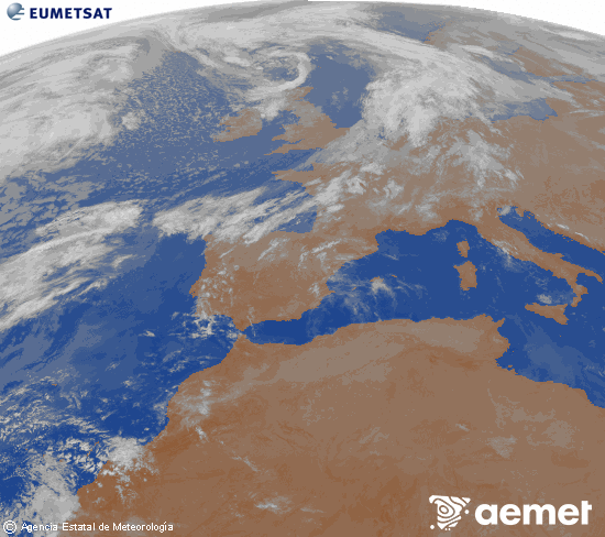 Imagen de la zona de Europa y Norte de �frica del canal infrarrojo del sat�lite Meteosat operacional en 0�N 0�W, procesada para darle color.&nbsp;dissabte, 18 d?abril  2026 07:00