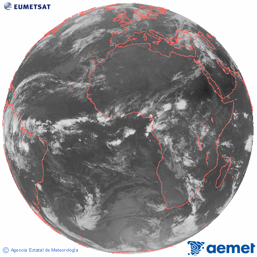 Imagen global del canal infrarrojo (10.8 &mu;m) del sat�lite Meteosat, perteneciente a la serie MSG (Meteosat Segunda Generaci�n) y situado en 0�N 0�E.&nbsp;samedi, 18 avril  2026 08:00