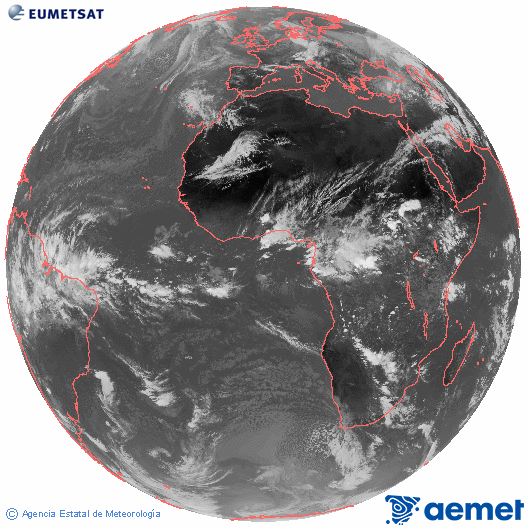 Imagen global del canal infrarrojo (10.8 &mu;m) del sat�lite Meteosat, perteneciente a la serie MSG (Meteosat Segunda Generaci�n) y situado en 0�N 0�E.&nbsp;igandea, 2026ko apirilak 19, ordua: 14:00