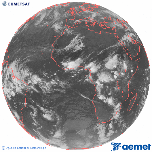 Imagen global del canal infrarrojo (10.8 &mu;m) del sat�lite Meteosat, perteneciente a la serie MSG (Meteosat Segunda Generaci�n) y situado en 0�N 0�E.&nbsp;igandea, 2026ko apirilak 19, ordua: 23:00