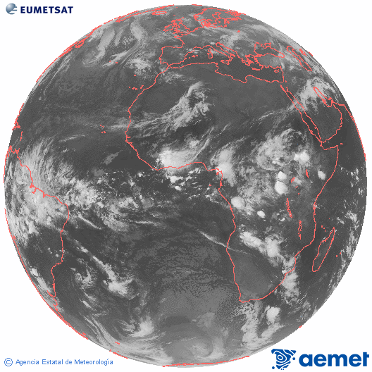 Imagen global del canal infrarrojo (10.8 &mu;m) del sat�lite Meteosat, perteneciente a la serie MSG (Meteosat Segunda Generaci�n) y situado en 0�N 0�E.&nbsp;astelehena, 2026ko apirilak 20, ordua: 02:00