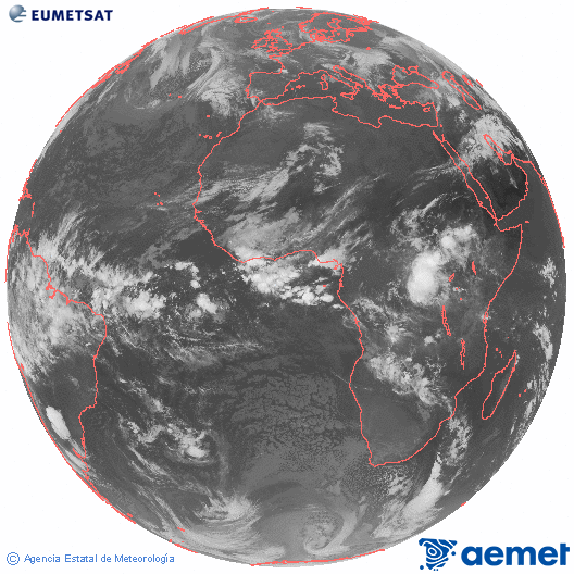 Imagen global del canal infrarrojo (10.8 &mu;m) del sat�lite Meteosat, perteneciente a la serie MSG (Meteosat Segunda Generaci�n) y situado en 0�N 0�E.&nbsp;astelehena, 2026ko apirilak 20, ordua: 08:00