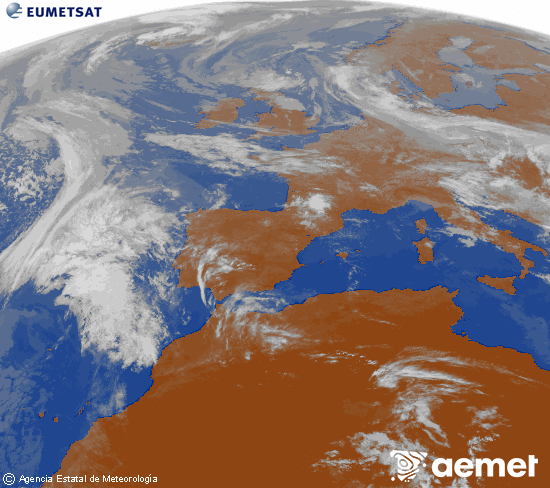 Imagen de la zona de Europa y Norte de �frica del canal infrarrojo del sat�lite Meteosat operacional en 0�N 0�W, procesada para darle color.&nbsp;lunes, 20 abril 2026 a las 11:00