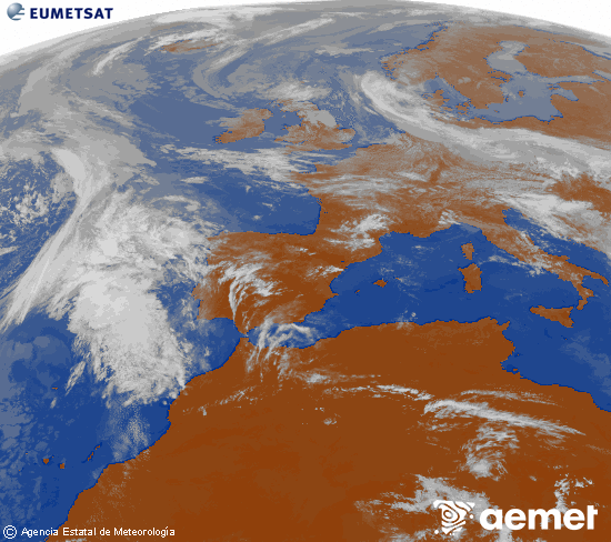 Imagen de la zona de Europa y Norte de �frica del canal infrarrojo del sat�lite Meteosat operacional en 0�N 0�W, procesada para darle color.&nbsp;lunes, 20 abril 2026 a las 13:00