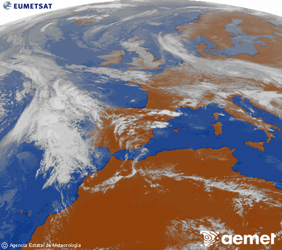 Imagen de la zona de Europa y Norte de �frica del canal infrarrojo del sat�lite Meteosat operacional en 0�N 0�W, procesada para darle color.&nbsp;lunes, 20 abril 2026 a las 16:00