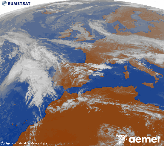 Imagen de la zona de Europa y Norte de �frica del canal infrarrojo del sat�lite Meteosat operacional en 0�N 0�W, procesada para darle color.&nbsp;lunes, 20 abril 2026 a las 18:00