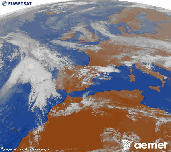 Imagen de la zona de Europa y Norte de �frica del canal infrarrojo del sat�lite Meteosat operacional en 0�N 0�W, procesada para darle color.&nbsp;lunes, 20 abril 2026 a las 19:00