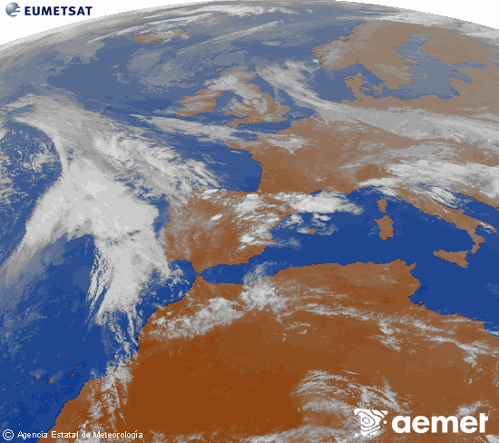 Imagen de la zona de Europa y Norte de �frica del canal infrarrojo del sat�lite Meteosat operacional en 0�N 0�W, procesada para darle color.&nbsp;lunes, 20 abril 2026 a las 20:00
