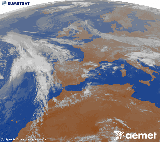 Imagen de la zona de Europa y Norte de �frica del canal infrarrojo del sat�lite Meteosat operacional en 0�N 0�W, procesada para darle color.&nbsp;lunes, 20 abril 2026 a las 23:00
