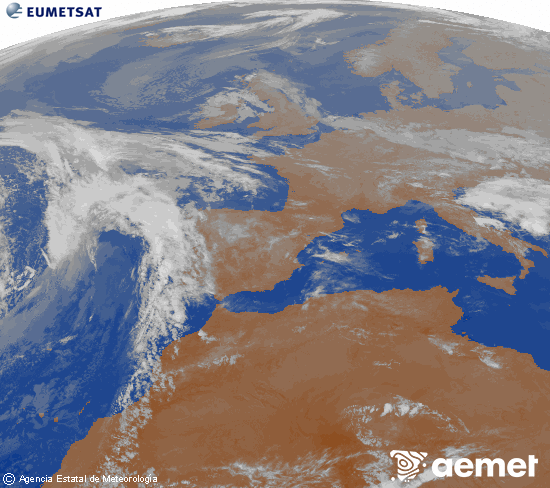 Imagen de la zona de Europa y Norte de �frica del canal infrarrojo del sat�lite Meteosat operacional en 0�N 0�W, procesada para darle color.&nbsp;martes, 21 abril 2026 a las 02:00