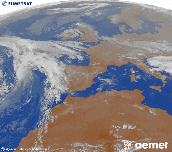 Imagen de la zona de Europa y Norte de �frica del canal infrarrojo del sat�lite Meteosat operacional en 0�N 0�W, procesada para darle color.&nbsp;martes, 21 abril 2026 a las 03:00